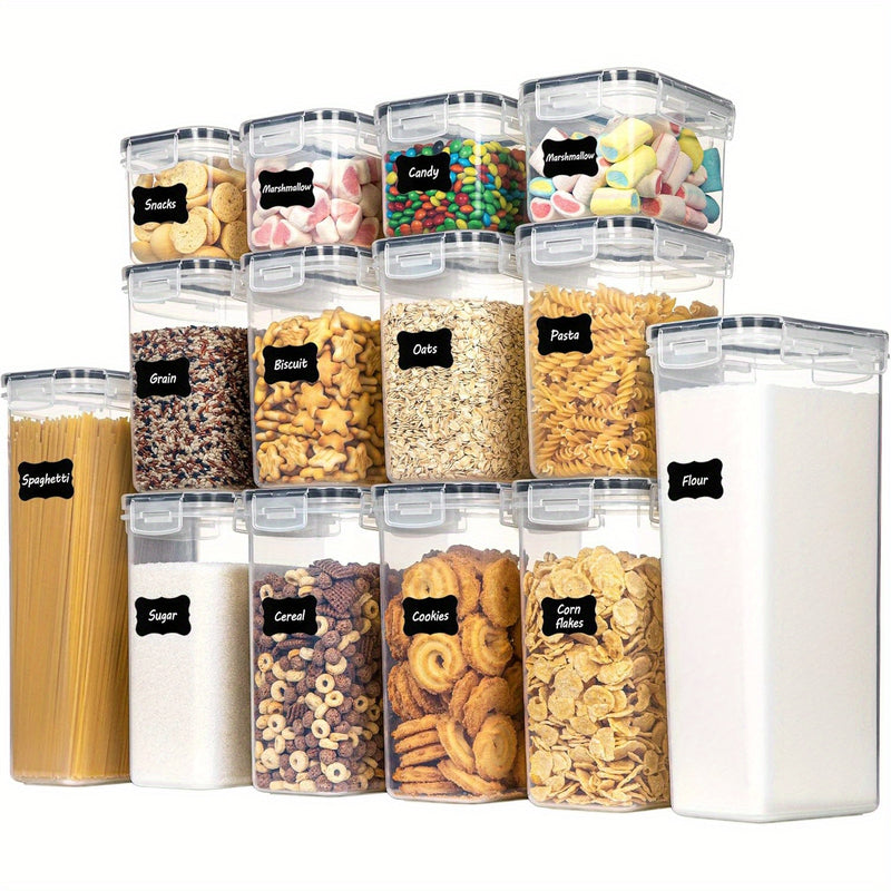 14pcs Airtight Food Storage Containers Set with Lids & 24 Labels - BPA-Free Plastic Pantry Organizers with Clear Lids, Rectangular Kitchen Storage Containers for Cereal, Flour, Sugar, Pasta, Snacks, Dry Food - Multi-Purpose,